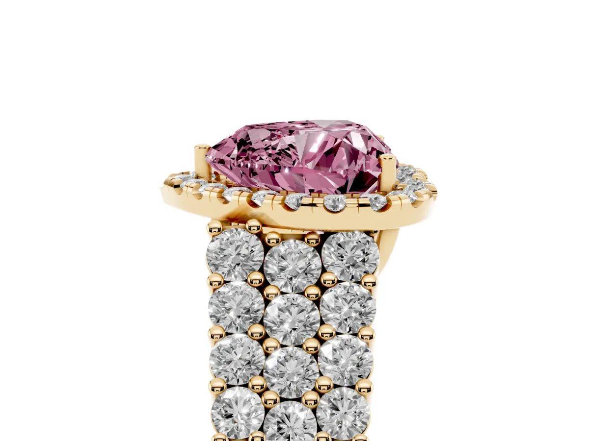 Fancy Pink Heart Cut Diamond Halo Engagement Ring with Triple Row Round Pavé Band and Prong Setting Yellow gold