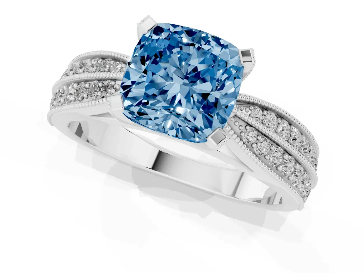 Fancy Blue Cushion Cut Diamond Solitaire Ring with Milgrain Round Pavé Band and Prong Setting White gold