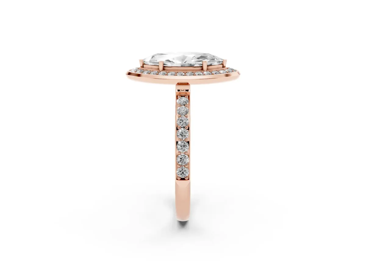 Marquise Cut Diamond Halo Ring with Bezel Frame and Pavé Band Rose gold