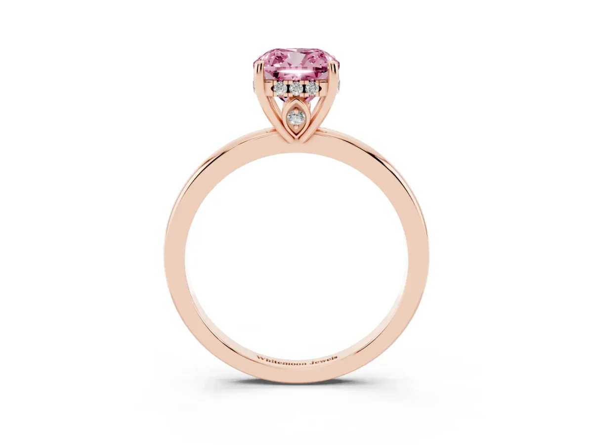 Fancy Pink Cushion Cut Solitaire Diamond Ring with Prong Setting and Plain Band Rose gold