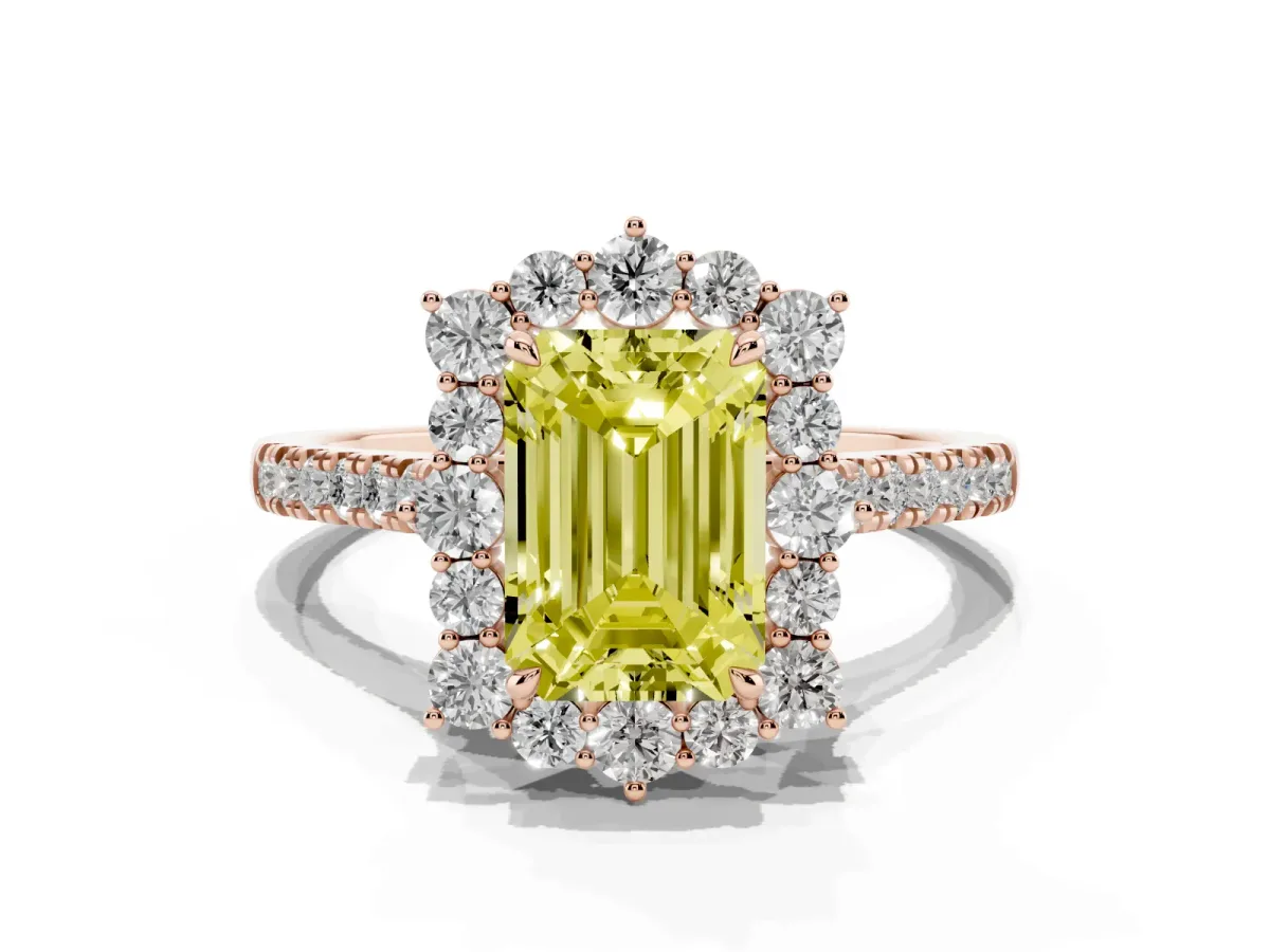 Fancy Yellow Emerald Cut Halo Diamond Ring with Pavé Band and Prong Setting Rose gold
