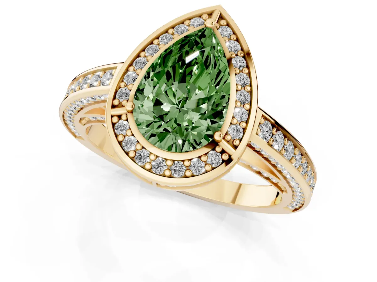 Fancy Green Pear Cut Cut Halo Pave Split Shank Prong Setting Ring Yellow gold