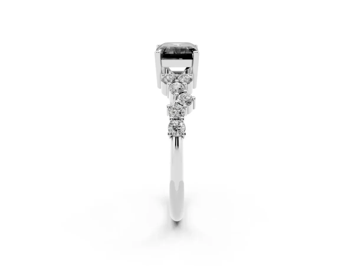 Fancy Black Emerald Cut Diamond Scattered Round Accent Ring with Prong Setting Silver