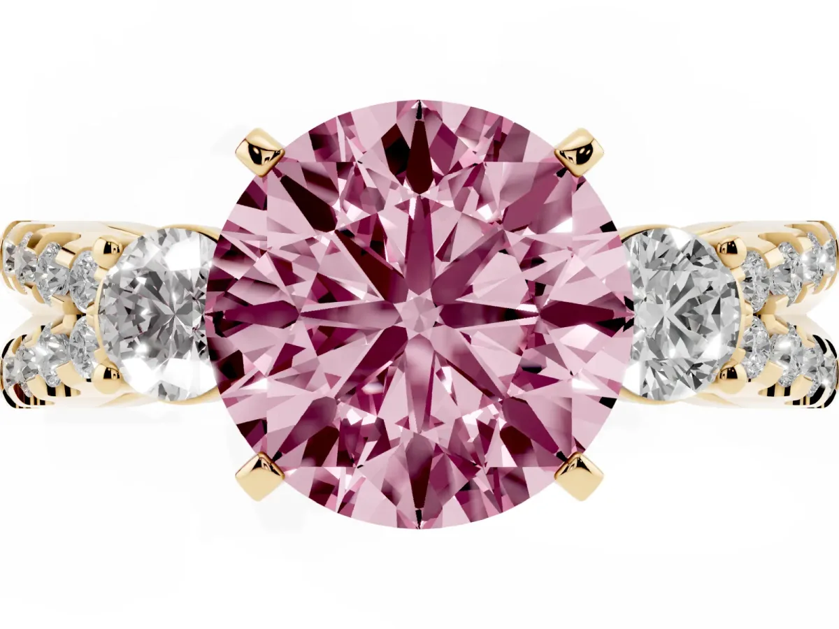 Fancy Pink Round Cut Diamond Three-Stone Ring with Pavé Split Shank and Four-Prong Setting Yellow gold