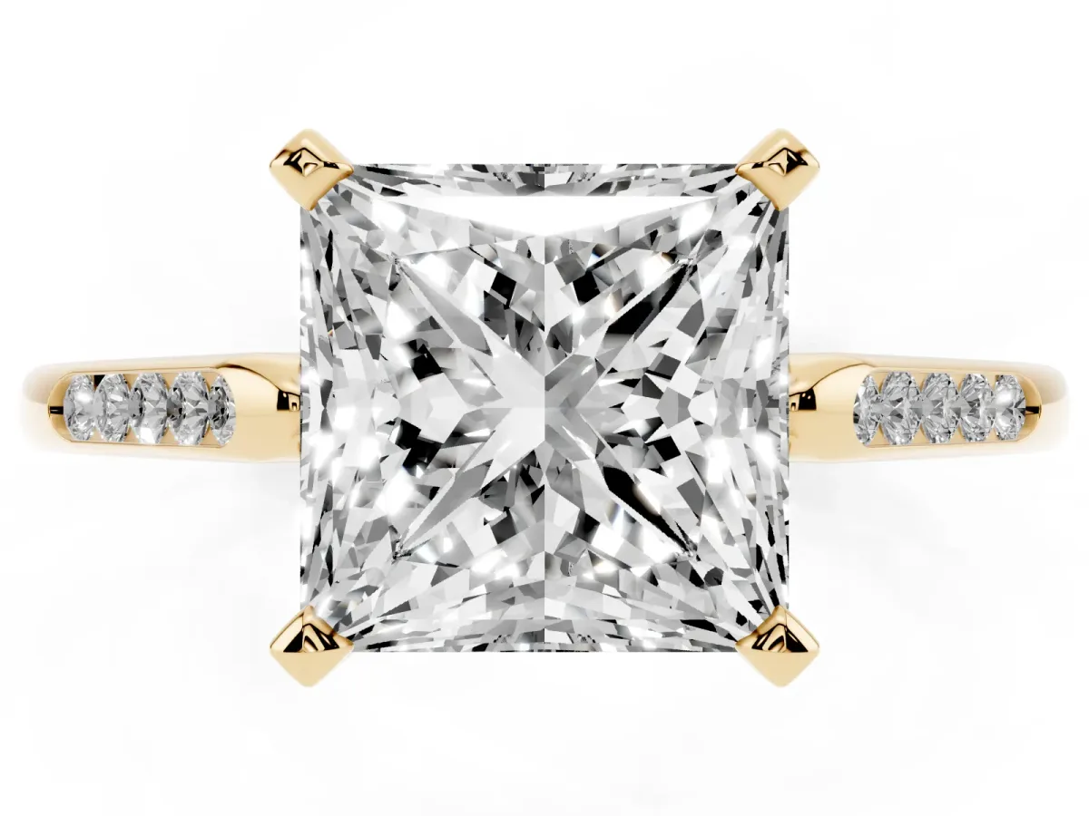 Princess Cut Diamond Solitaire Ring with Channel Set Round Band and Prong Setting Yellow gold