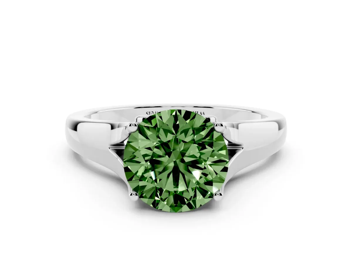 Fancy Green Round Cut Solitaire Diamond Ring with Cathedral Band and Four-Prong Setting Silver