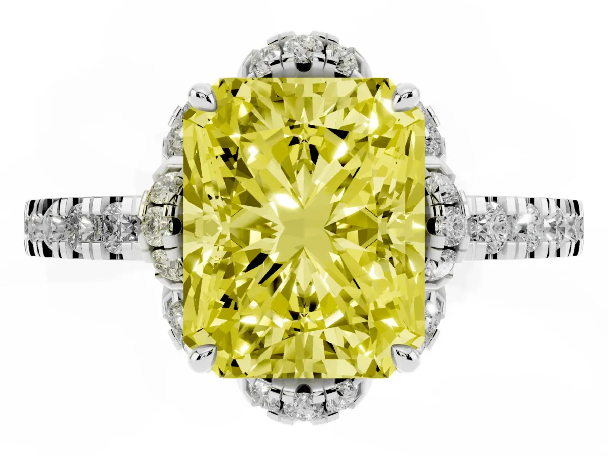 Fancy Yellow Radiant Cut Diamond Halo Pave Band with Four-Prong Setting White gold