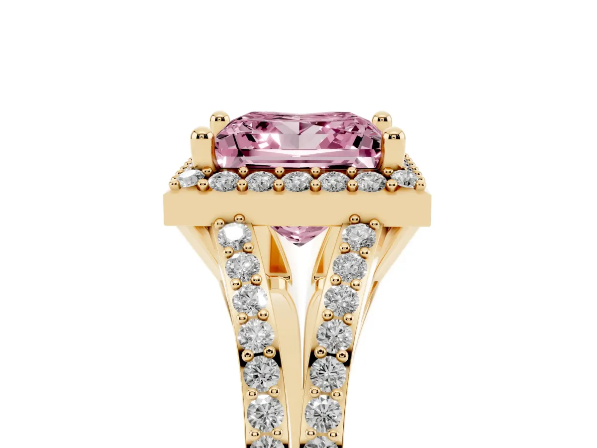 Fancy Pink Princess Cut Halo Split Shank Diamond Ring with Prong Setting Yellow gold