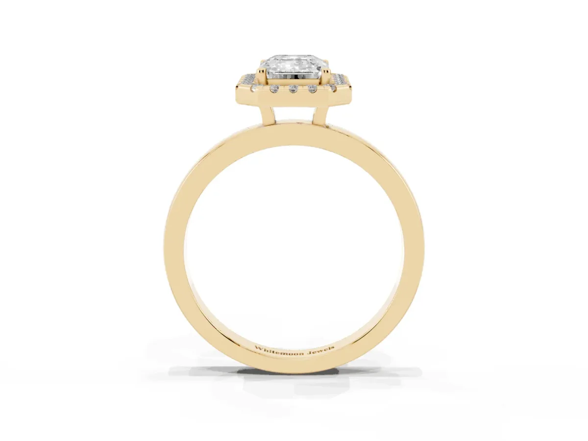 Emerald Cut Halo Diamond Solitaire with Pavé Band and Four-Prong Setting Yellow gold