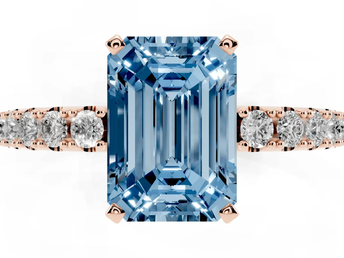 Fancy Blue Emerald Cut Diamond Solitaire Pavé Band with Four-Prong Setting Rose gold