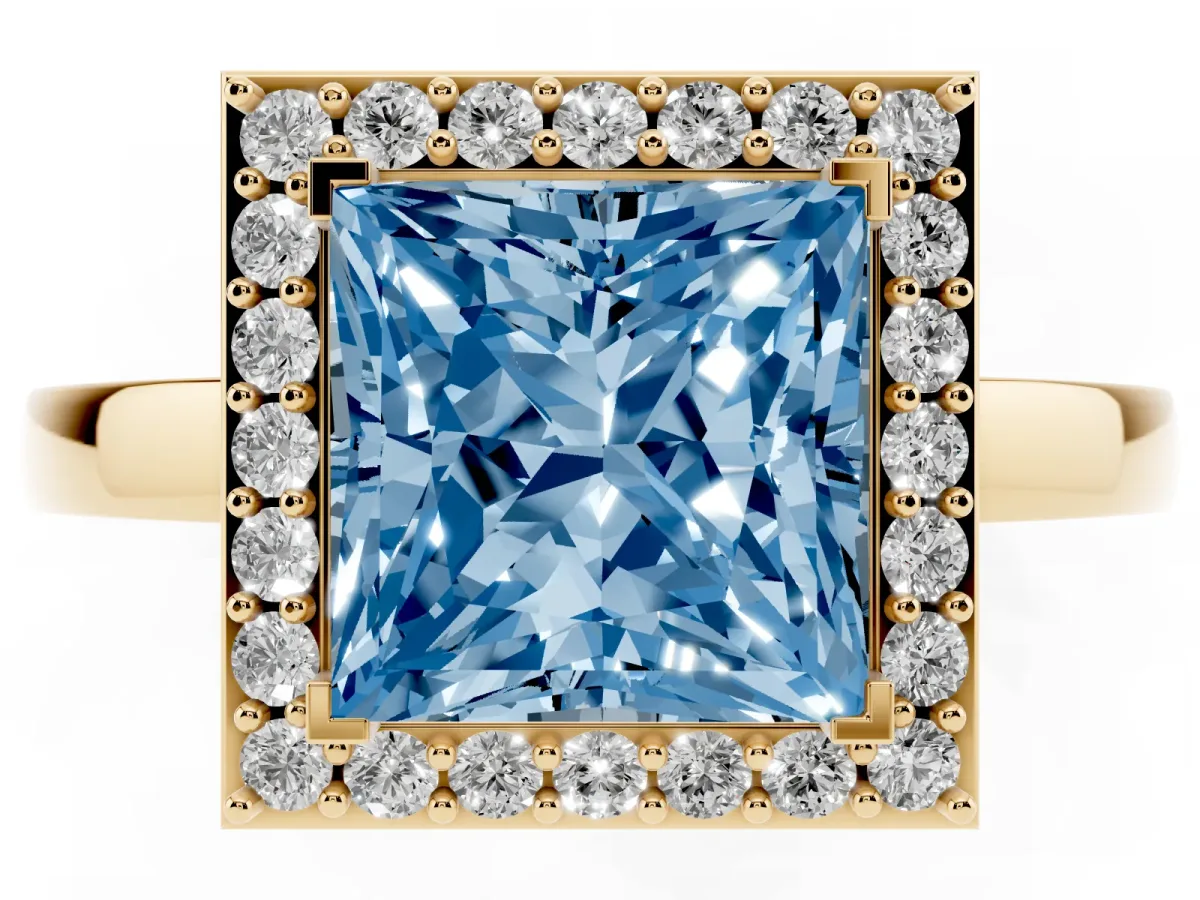 Fancy Blue Princess Cut Halo Diamond Ring with Solitaire Band and Prong Setting Yellow gold