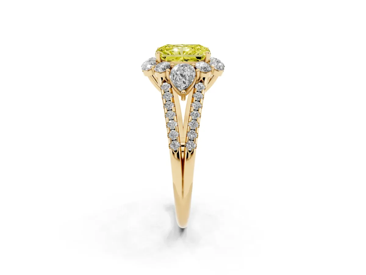 Fancy Yellow Radiant Cut Halo Split Shank Diamond Engagement Ring with Prong Setting Yellow gold