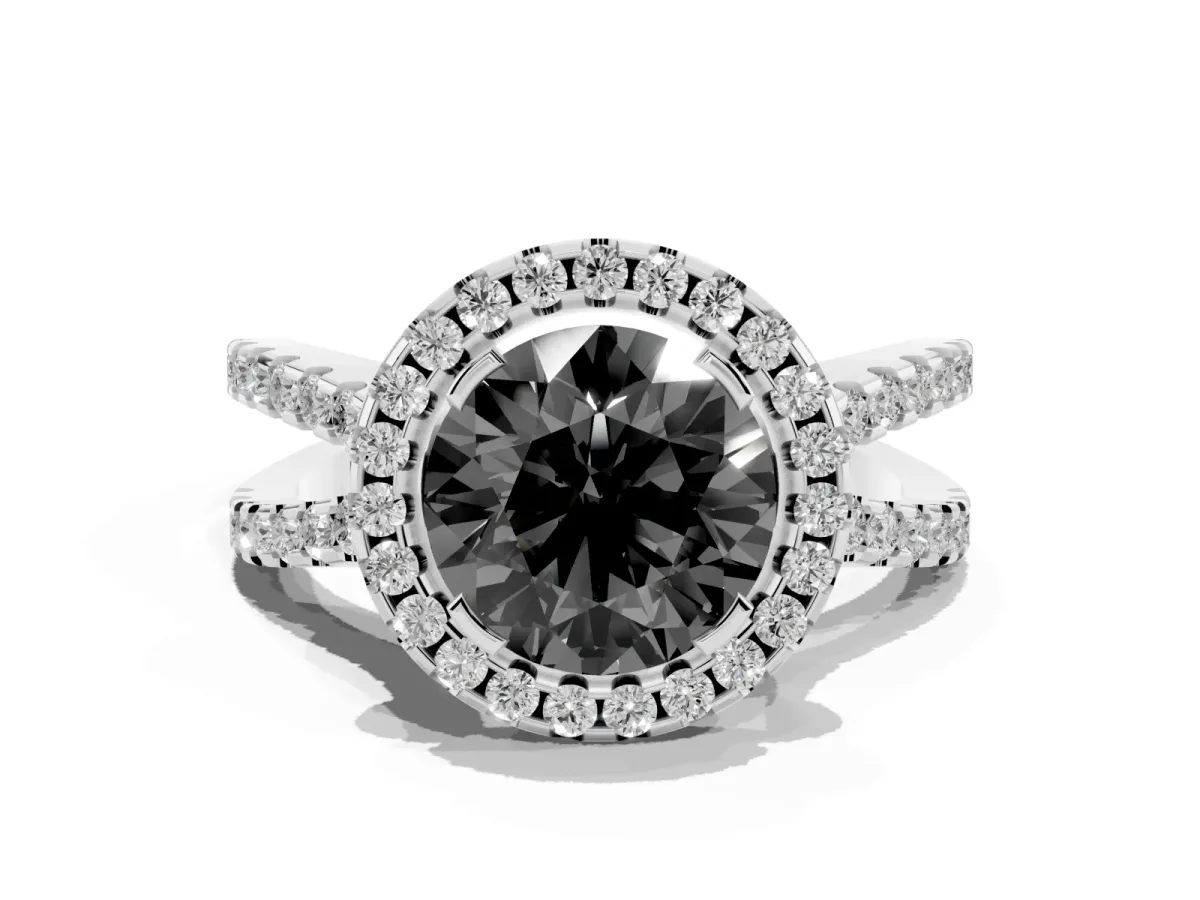 Fancy Black Round Cut Diamond Halo Ring with Split Shank Pavé Band and Prong Setting Silver