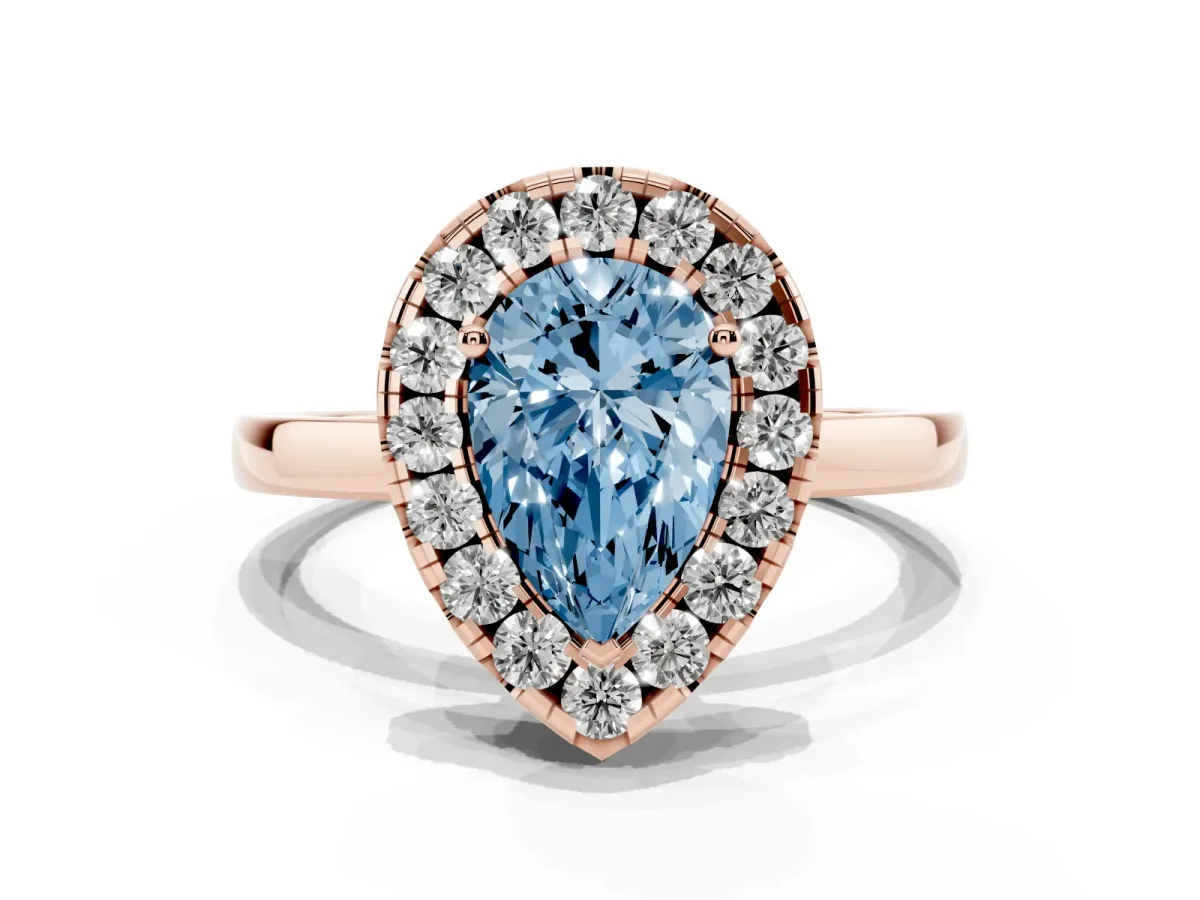 Fancy Blue Pear Cut Halo Diamond Solitaire with Pavé Band and Four-Prong Setting Rose gold