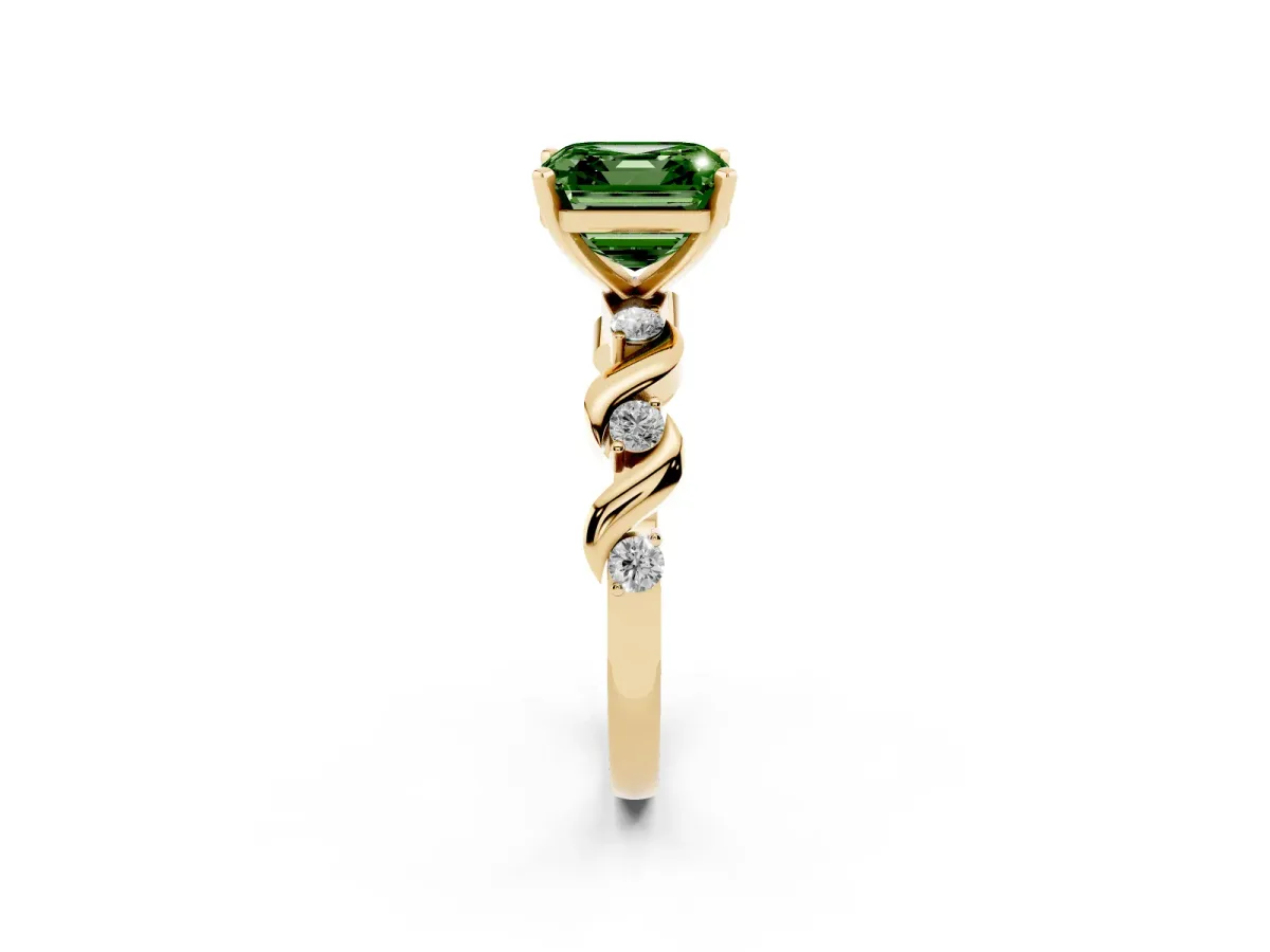 Fancy Green Asscher Cut Diamond Solitaire Twisted Band with Round Accents and Prong Setting Yellow gold