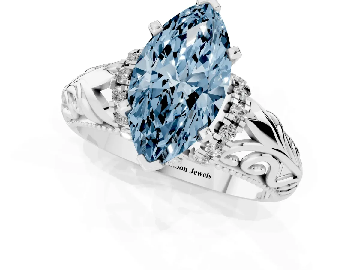 Fancy Blue Marquise Cut Solitaire Filigree Engagement Ring with Halo and Prong Setting Silver
