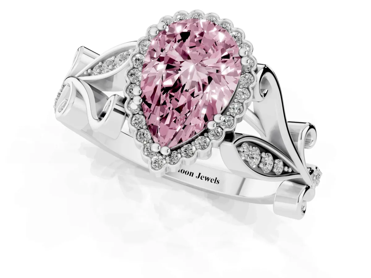 Fancy Pink Pear Cut Diamond Halo Ring with Vintage Split Shank and Four-Prong Setting Platinum
