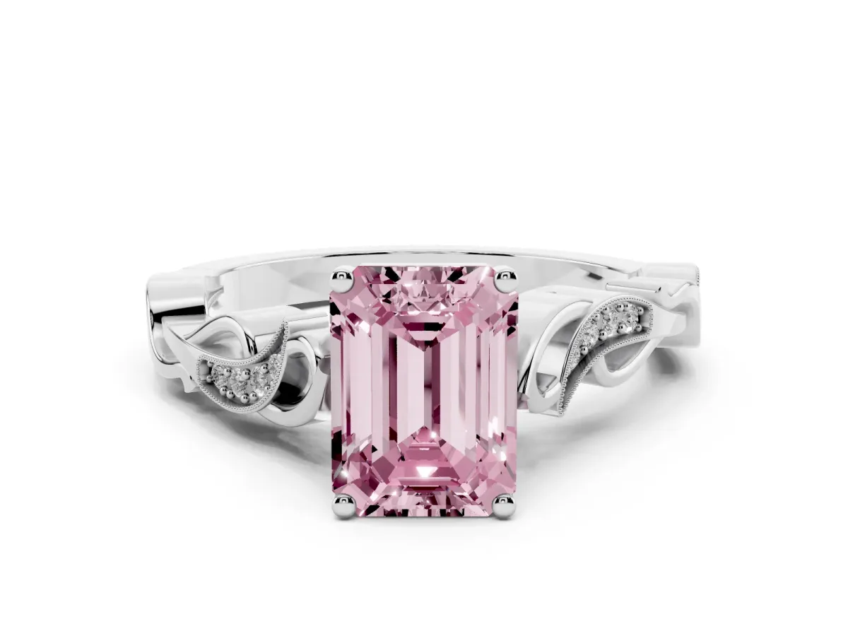 Fancy Pink Emerald Cut Solitaire Vine Band with Milgrain Prong Setting Silver