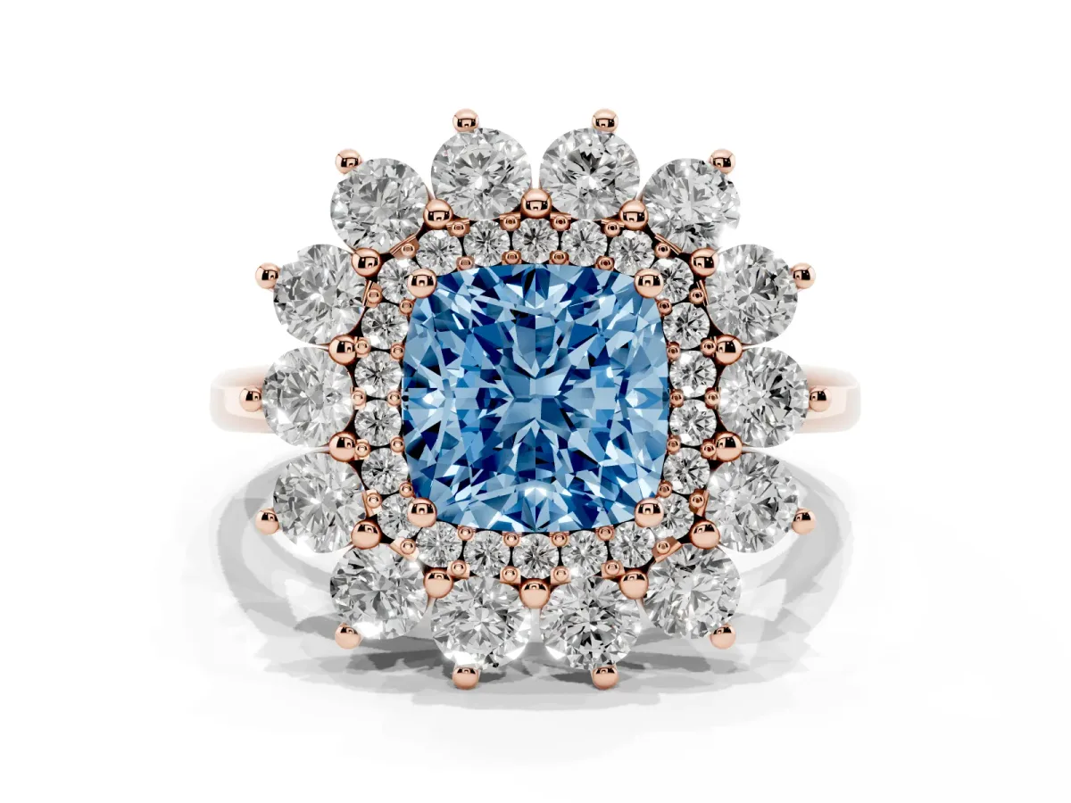 Fancy Blue Cushion Cut Diamond Floral Double Halo Engagement Ring with Prong Setting Rose gold