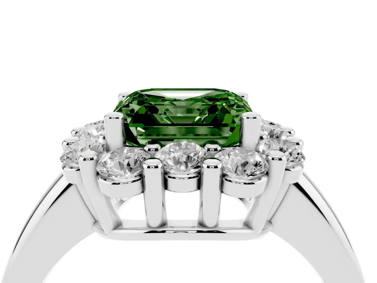 Fancy Green Asscher Cut Halo Cluster Diamond Engagement Ring with Prong Setting and Polished Band Platinum