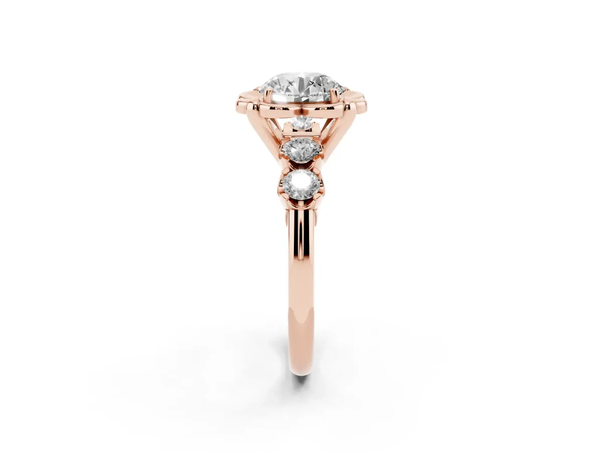 Round Cut Cut Diamond Floral Halo Engagement Ring with Shared Prong Setting Rose gold