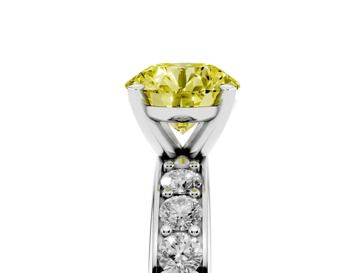 Fancy Yellow Round Cut Diamond Engagement Ring with Channel Set Round Band and Prong Setting Silver