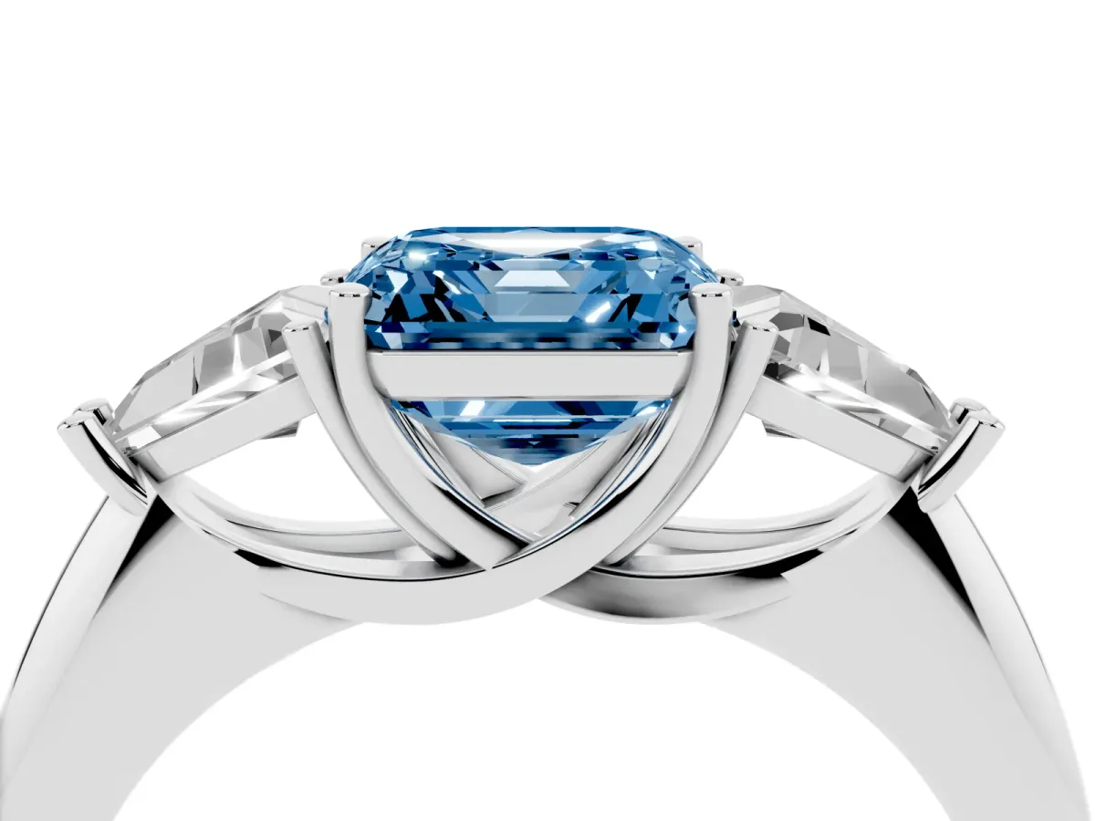 Fancy Blue Three-Stone Asscher Cut Diamond Engagement Ring with Trillion Side Stones and Prong Setting Silver