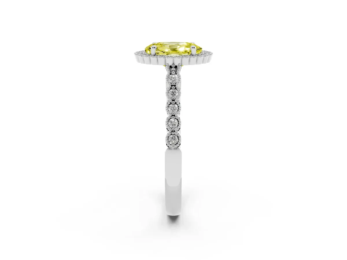 Fancy Yellow Oval Cut Cut Halo Pavé Solitaire Ring with Milgrain Band Silver