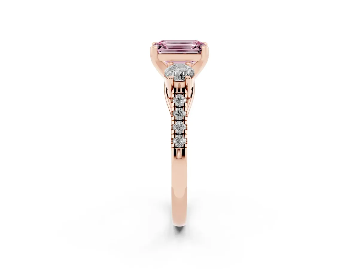 Fancy Pink Three-Stone Emerald Cut Diamond Pavé Band with Four-Prong Setting Rose gold