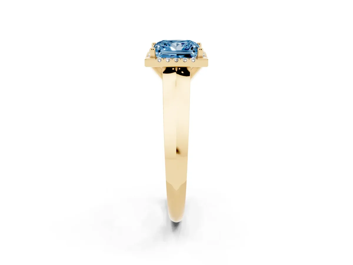 Fancy Blue Princess Cut Halo Diamond Ring with Cathedral Band and Four-Prong Setting Yellow gold