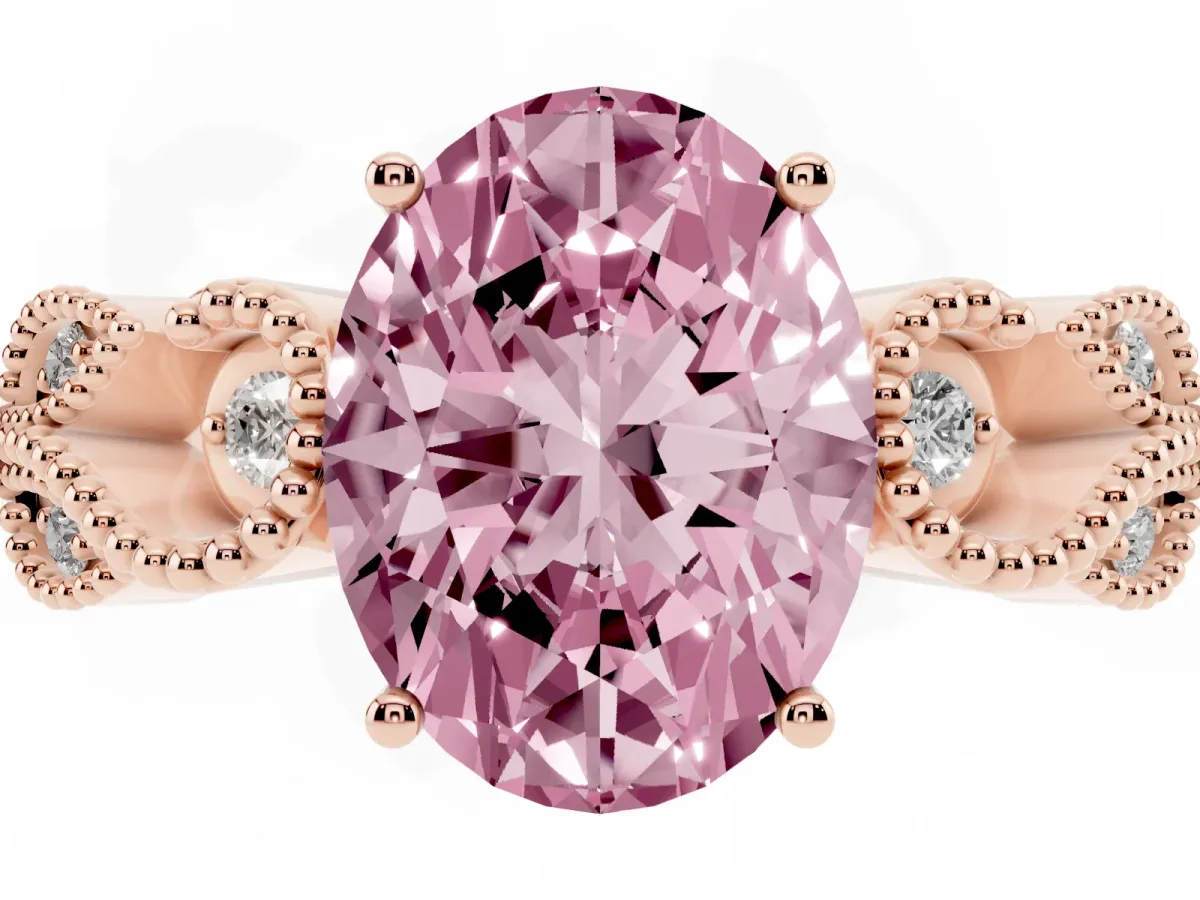 Fancy Pink Oval Cut Solitaire Milgrain Leaf Band with Prong Setting Rose gold