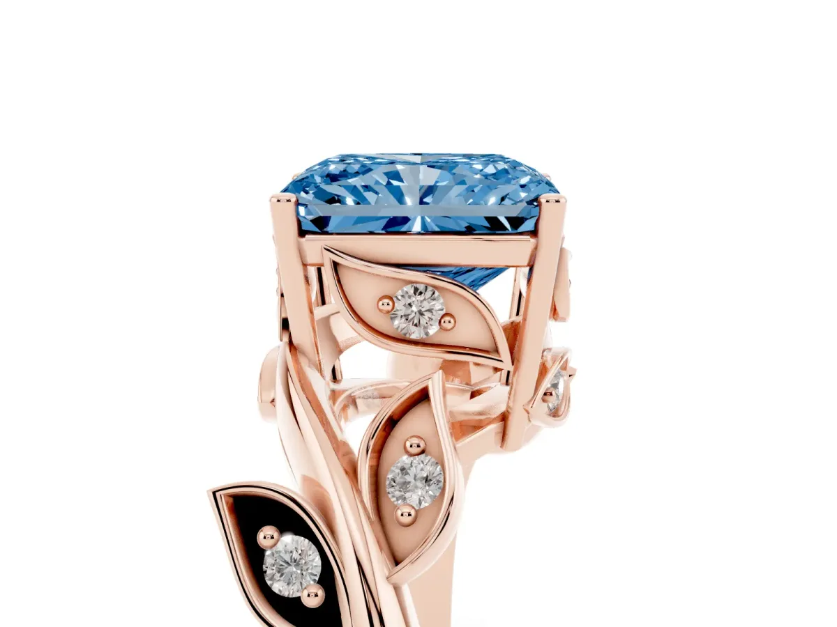 Fancy Blue Radiant Cut Solitaire Twist Engagement Ring with Leaf Accents and Prong Setting Rose gold