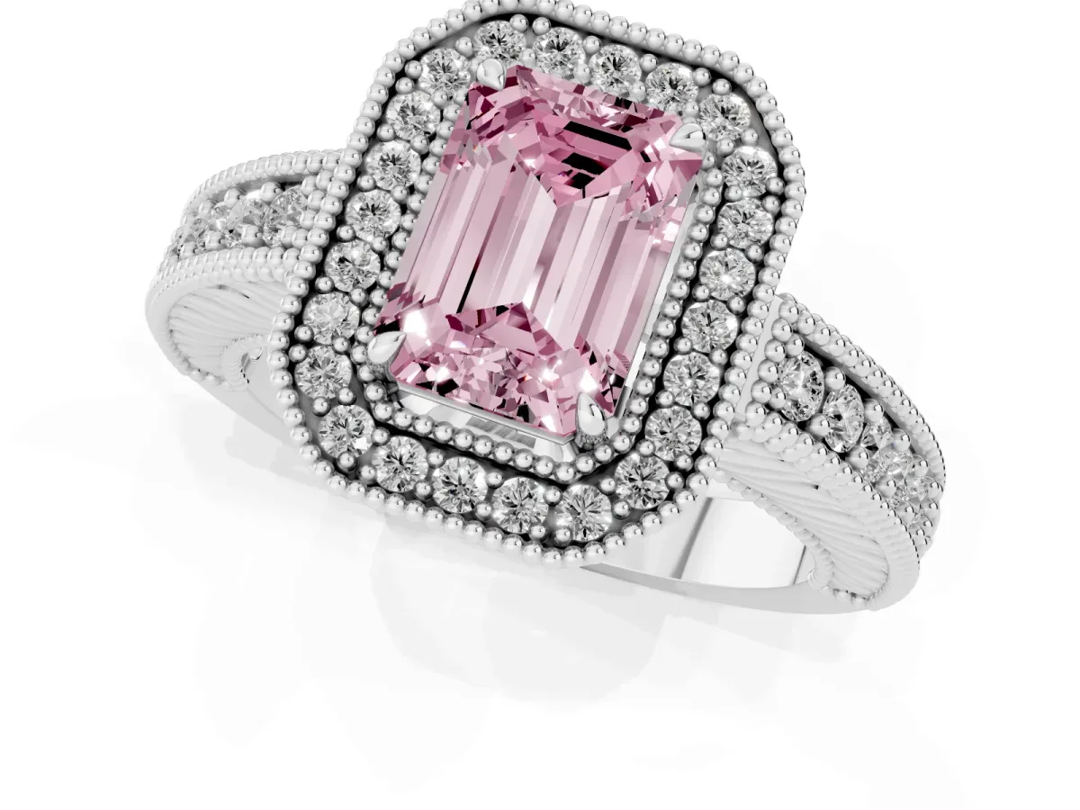 Fancy Pink Emerald Cut Cut Halo Diamond Ring with Pavé Band and Four-Prong Setting Platinum