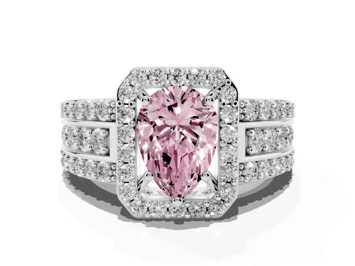 Fancy Pink Pear Cut Halo Diamond Ring with Round Split Shank and Prong Setting Platinum