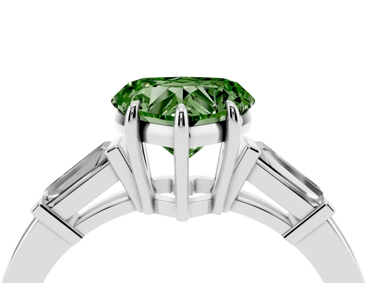 Fancy Green Heart Cut Diamond Three-Stone Ring with Tapered Baguette Side Stones and Prong Setting Platinum