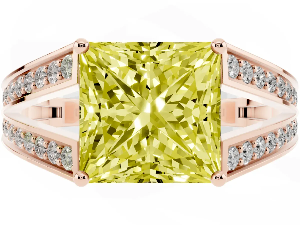 Fancy Yellow Princess Cut Diamond Split Shank Ring with Pavé Band and Four-Prong Setting Rose gold
