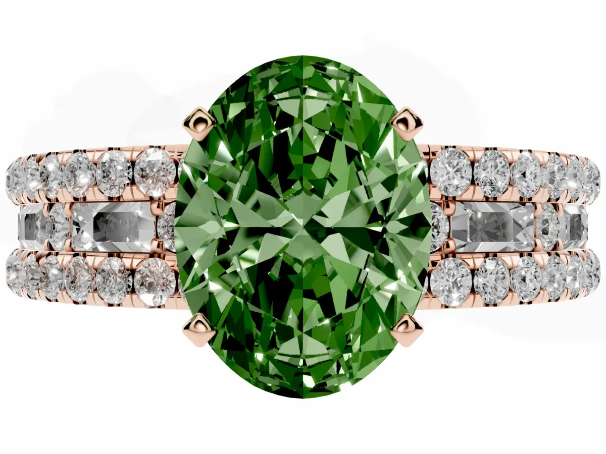 Fancy Green Oval Cut Diamond Solitaire Ring with Pavé and Channel Set Band Rose gold