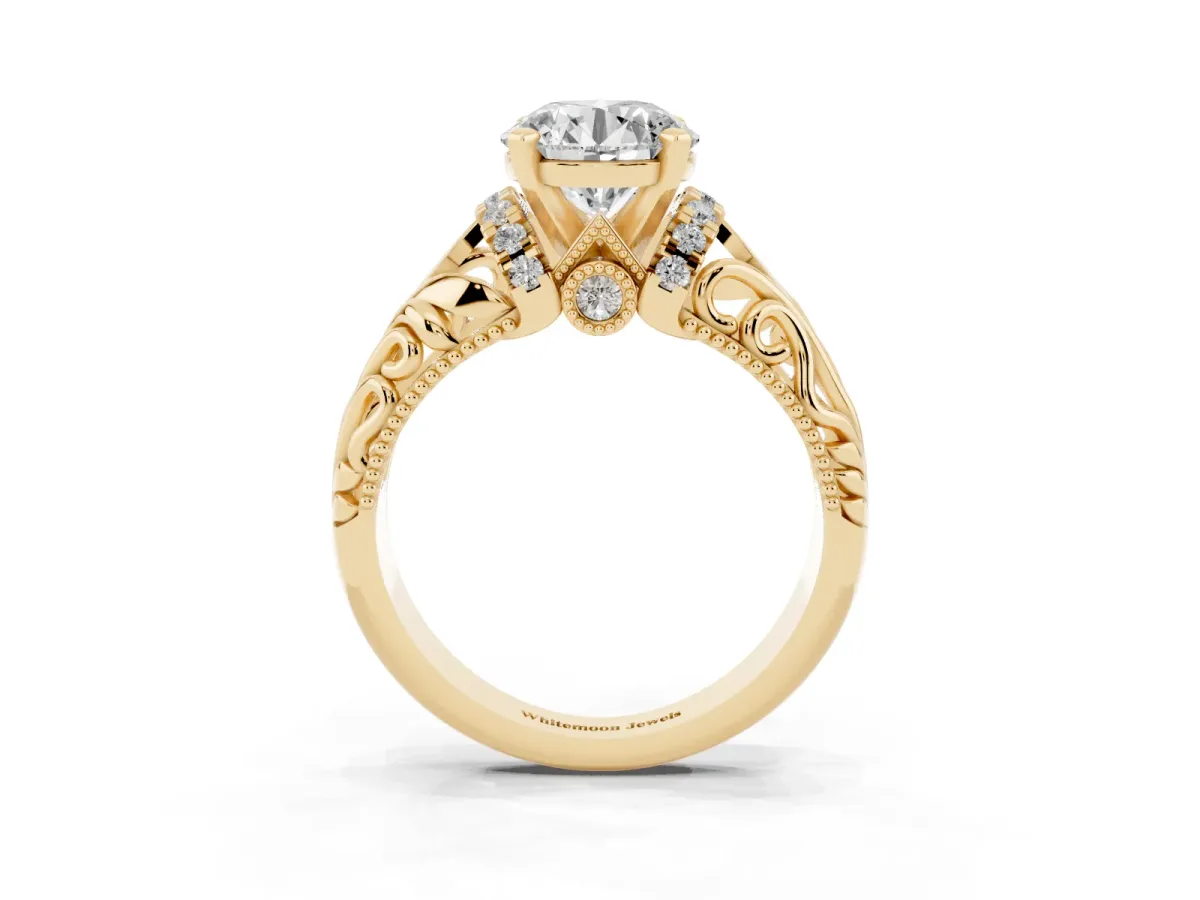 Round Cut Solitaire Filigree Engagement Ring with Halo and Prong Setting Yellow gold