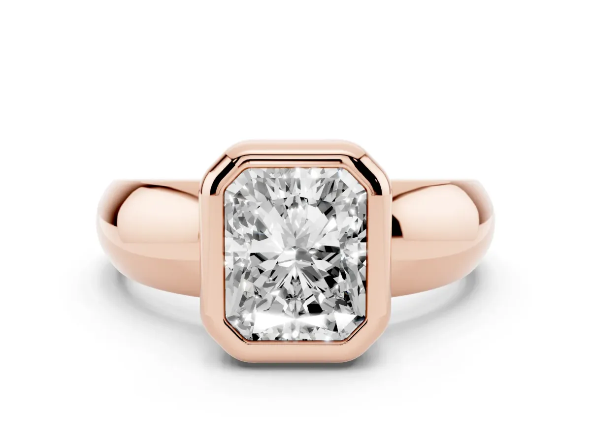 Bezel Set Radiant Cut Solitaire Ring with Wide Band Rose gold