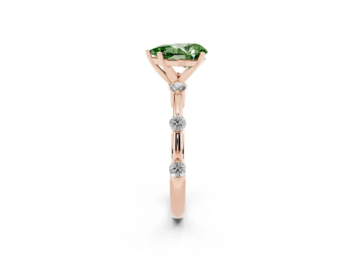 Fancy Green Pear Cut Solitaire Diamond Ring with Bezel Set Side Stones and Prong Setting Rose gold