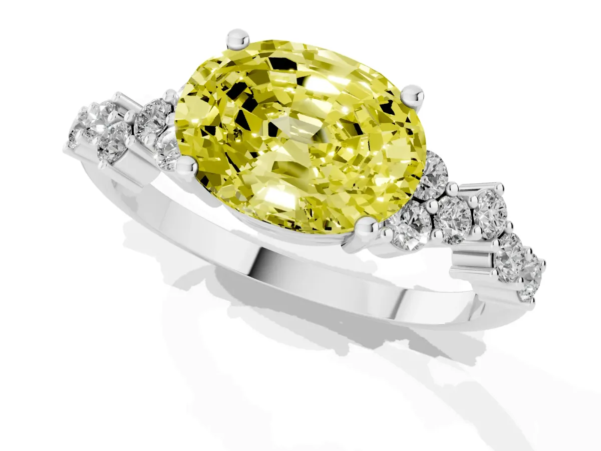Fancy Yellow Oval Cut Diamond Scattered Round Accent Ring with Prong Setting White gold