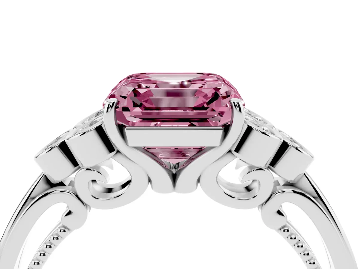 Fancy Pink Asscher Cut Cut Diamond Engagement Ring with Bezel Set Round Side Stones and Prong Setting White gold