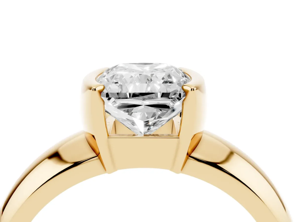 Radiant Cut Solitaire Tension Set Diamond Ring with Wide Band Yellow gold