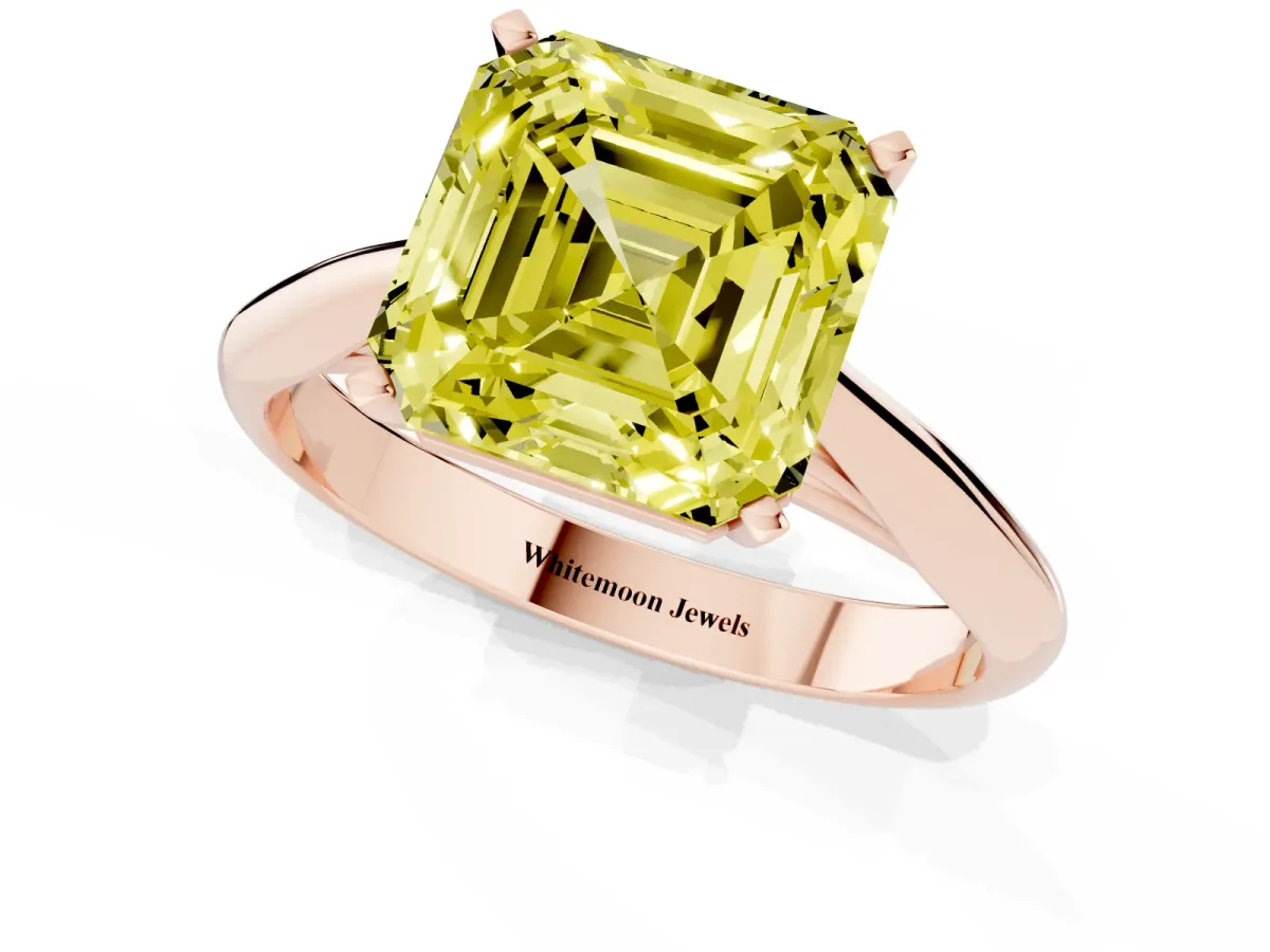 Fancy Yellow Asscher Cut Diamond Solitaire Engagement Ring with Cathedral Setting and Four-Prong Mount Rose gold