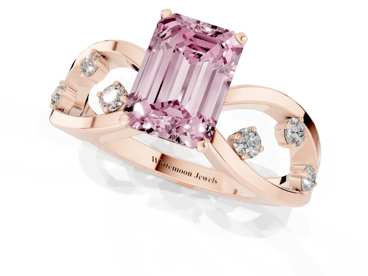 Fancy Pink Emerald Cut Cut Solitaire Diamond with Side Stones on Criss-Cross Band and Four-Prong Setting Rose gold