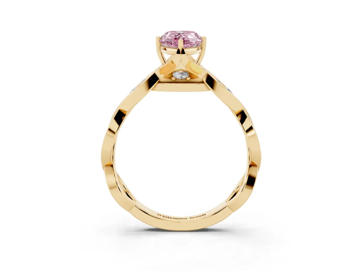 Fancy Pink Pear Cut Solitaire Twist Band with Leaf Prong Setting Yellow gold