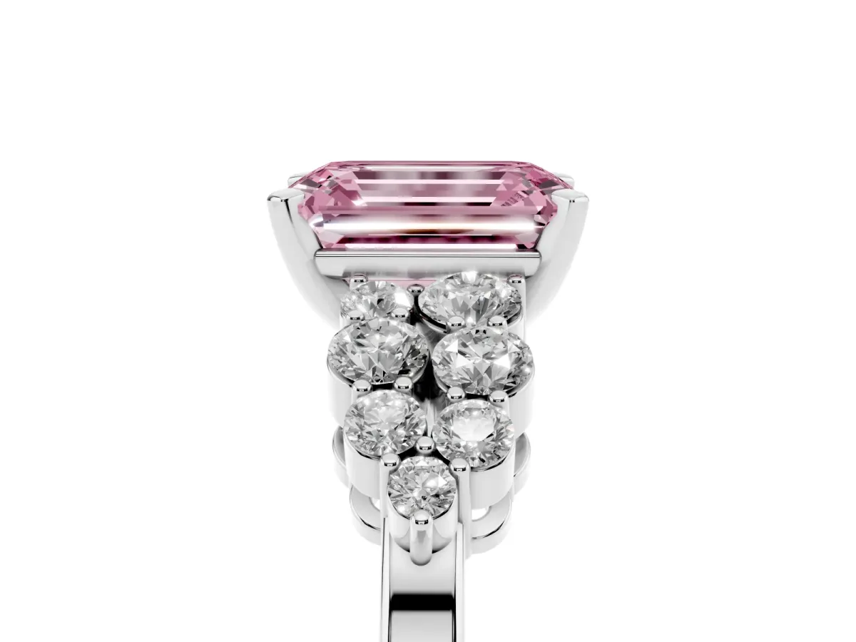 Fancy Pink Emerald Cut Cluster Diamond Engagement Ring with Pavé Band and Four-Prong Setting Silver