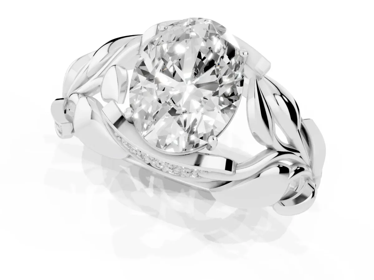 Oval Cut Diamond Leaf-Inspired Engagement Ring with Round Accents and Prong Setting Silver