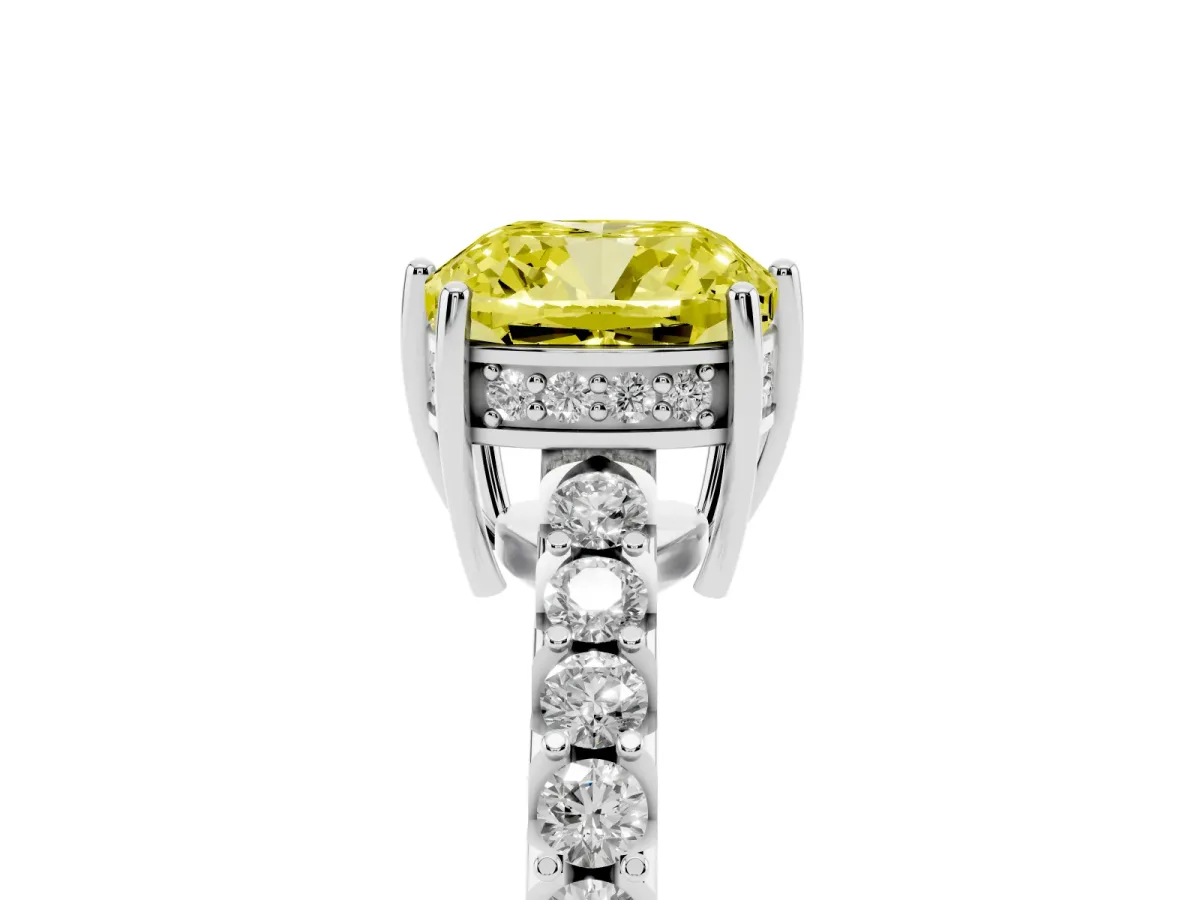Fancy Yellow Cushion Cut Solitaire Diamond Engagement Ring with Pavé Band and Six-Prong Setting White gold