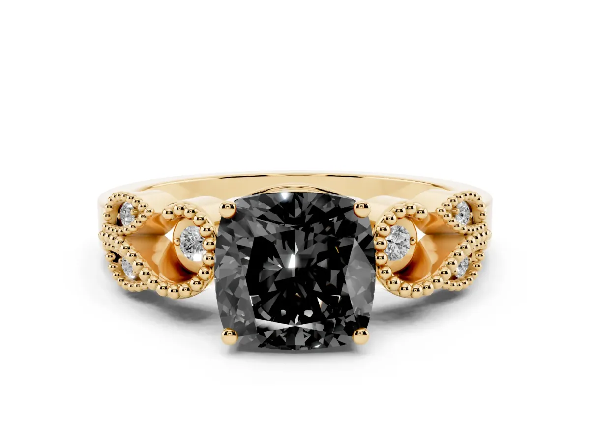 Fancy Black Cushion Cut Solitaire Milgrain Leaf Band with Prong Setting Yellow gold